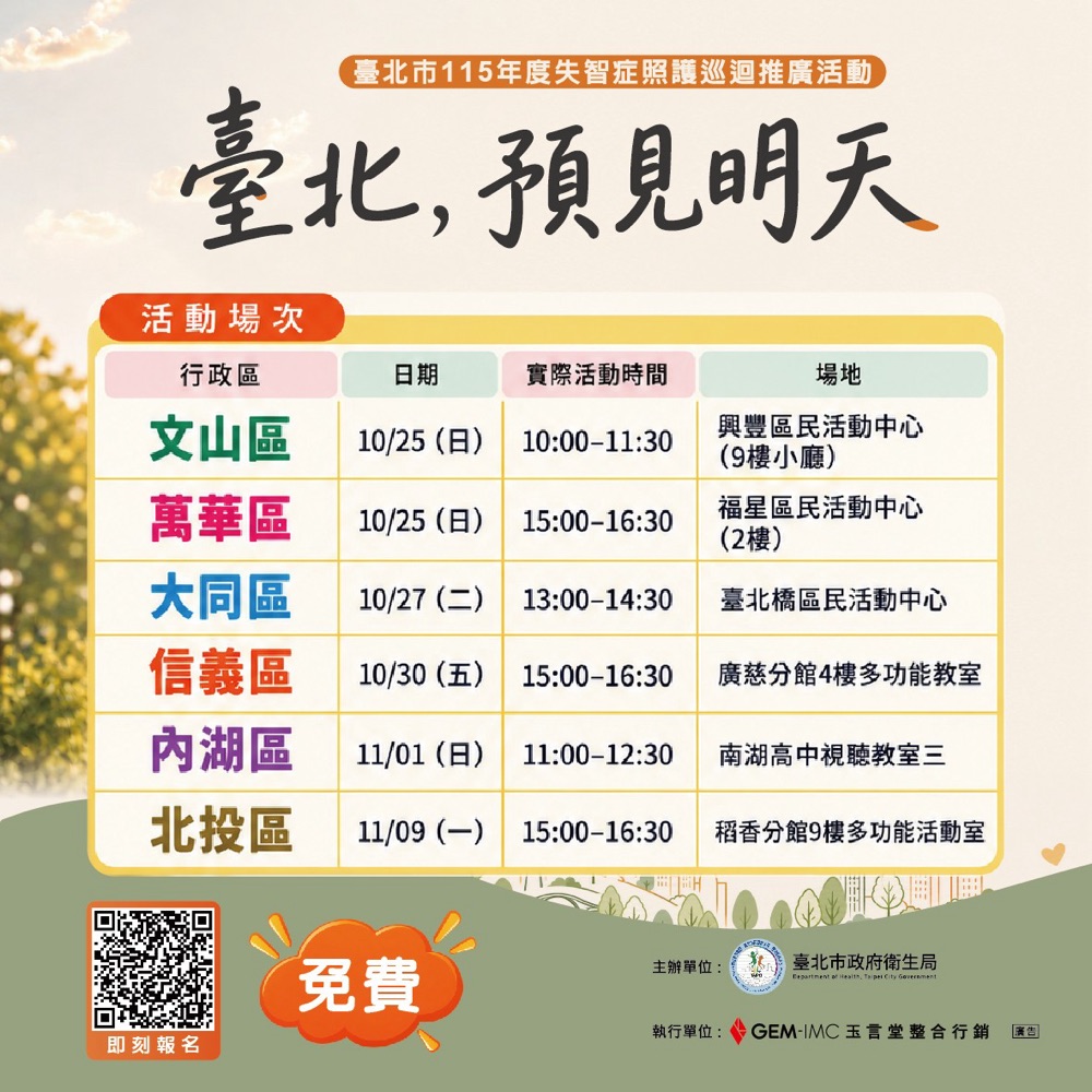 臺北，預見明天活動場次表：文山區 10/25 10:00–11:30 興豐區民活動中心、萬華區 10/25 15:00–16:30 福星區民活動中心、大同區 10/27 13:00–14:30 臺北橋區民活動中心、信義區 10/30 15:00–16:30 廣慈分館、內湖區 11/01 11:00–12:30 南湖高中、北投區 11/09 15:00–16:30 稻香分館
